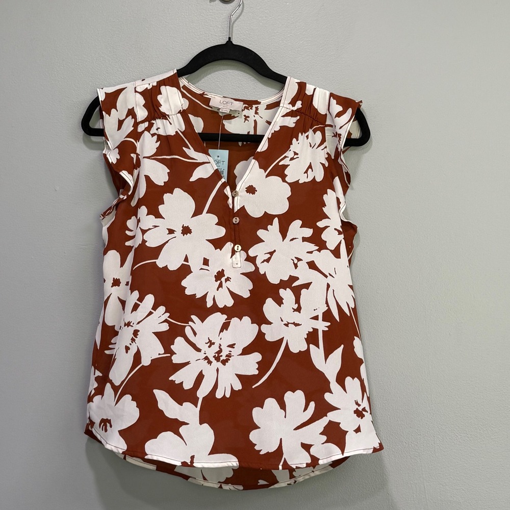Loft Outlet Petite Floral Ruffle Sleeve Henley Blouse Rust White XSP NEW fall
